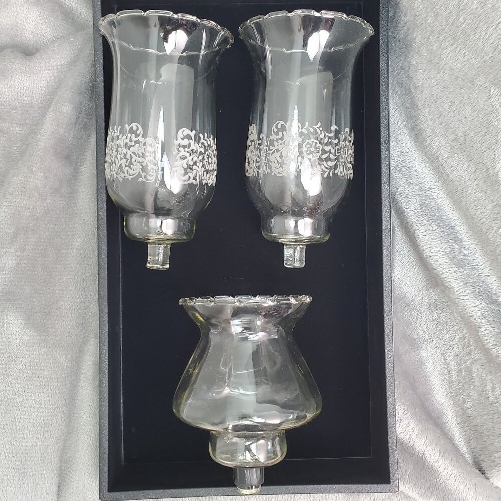 3 Vintage Clear Glass Floral Votive Cup Candle Holder HOMCO Cathedral Ruffle Top
